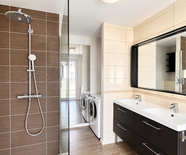 Shower room with washing machine